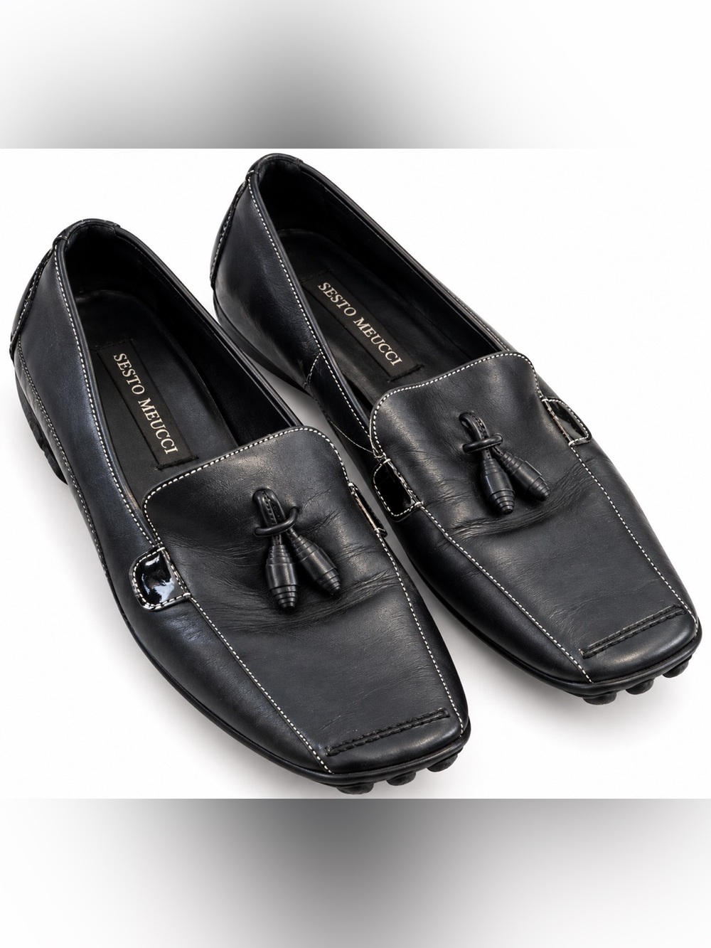 Sesto Meucci Black Leather Tassel Driving Loafers 7 C Made in Italy